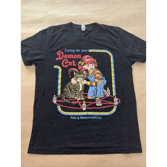 Steven Rhodes Caring for Your Demon Cat Size M Black Graphic T Shirt Cult Horror - Picture 1 of 7